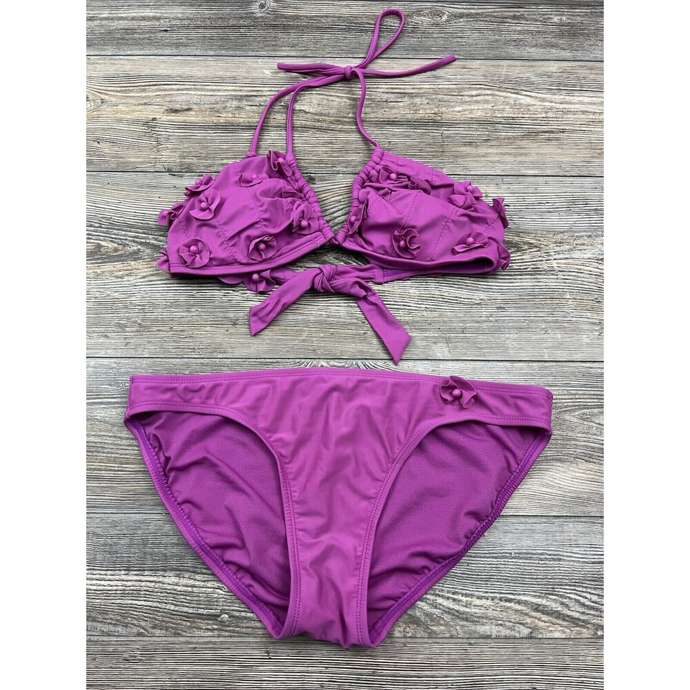Daisy Fuentes Swimwear‎ 2-Piece Bikini Purple Floral Adorned Removable Pads 14